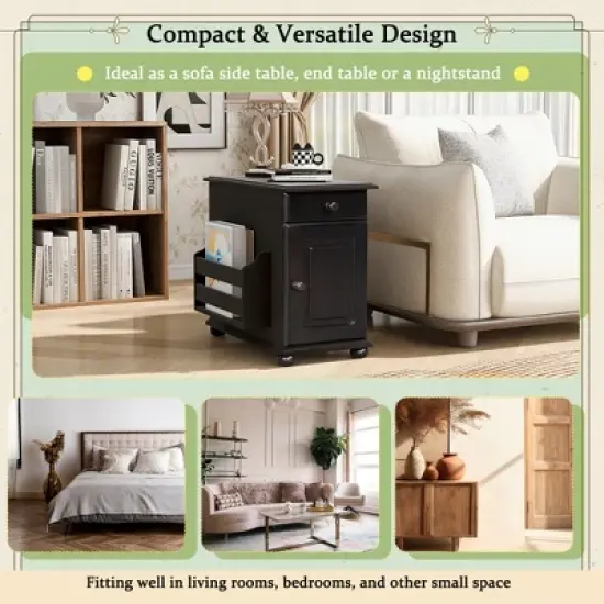 ORRD Vintage Flip Top End Table with USB 1 Drawer w/ cup holders, bookshelf&mdash;ideal for small living spaces image {11}