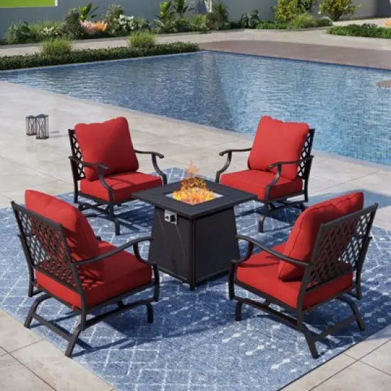 Captiva Designs 5pc Metal Patio Outdoor Conversation Fire Pit Set with Rocking Grid-back Armchairs for Garden, Poolside, Backyard image {9}