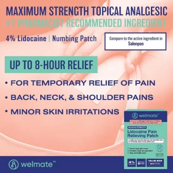 WELMATE Lidocaine 4% Maximum Strength Pain Relief Patch - 30ct image {1}