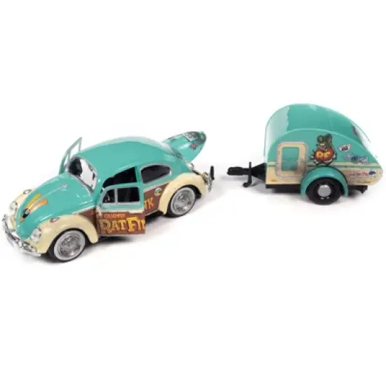 1966 Volkswagen Beetle "Happy Camper Rat Fink" w/Trailer Light Blue Dirty Version & Figure 1/24 Diecast Model Car by Auto World image {1}