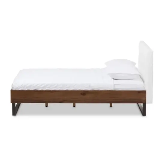 King Mitchell Rustic Industrial Walnut Wood and Faux Leather Metal Platform Bed White - Baxton Studio image {2}