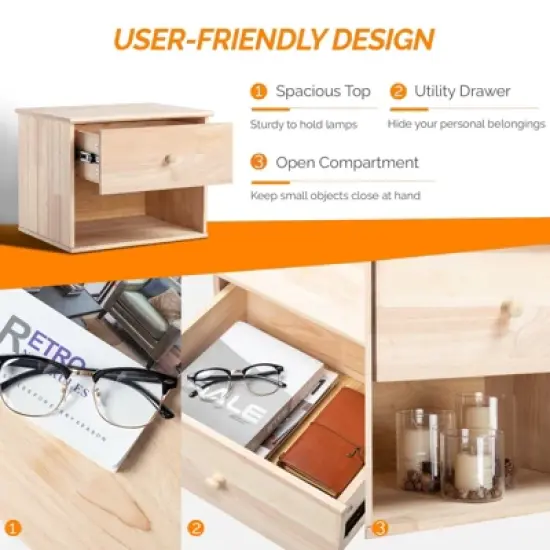 VINGLI Unfinished Natural Solid Wood Floating Nightstand,Farmhouse Night Stand Wall-Mounted Nightstand Table for Small Space Color DIY image {4}