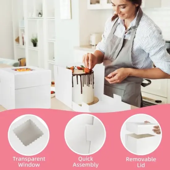 LotFancy Tall Cake Boxes with Window, 3 Sizes 12Pcs 12"x12" x12", 10"x10"x10" and 8"x8"x8" Cake Carrier, White Bakery Boxes image {3}