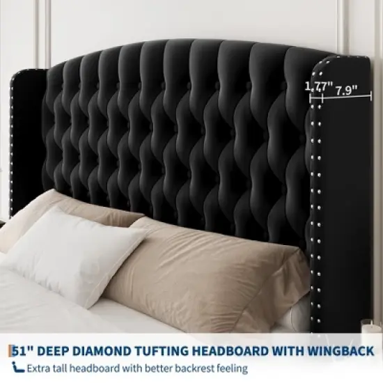 Bed Frame with Deep Button Tufted Wingback Headboard and Footboard, Velvet Upholstered Platform Frame, No Box Spring, Easy Assembly image {3}