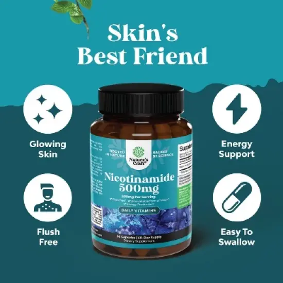 Vitamin B3 Nicotinamide 500mg Capsules, Mitochondrial Energy & Potent Skin Supplement, Flush Free Niacin Supplement, Nature's Craft, 60ct image {2}