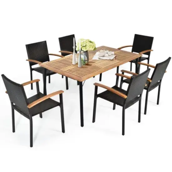 Tangkula 7 PCS Patio Rattan Dining Furniture Set Armrest Chairs Wooden Table image {7}