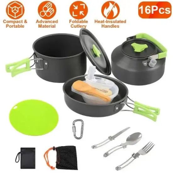 16Pcs Camping Cooking Ware Set Camping Stove Cookware Kit Aluminum Pot Pan Kettle Set with Bowls Knife Fork Spoon Carabiner Spatula Cutting Board image {1}
