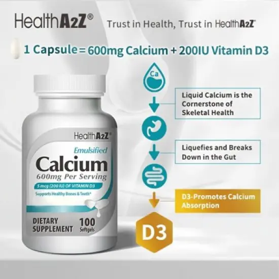 HealthA2Z - Emulsified Calcium with Vitamin D3 Softgels - 100 Count image {3}