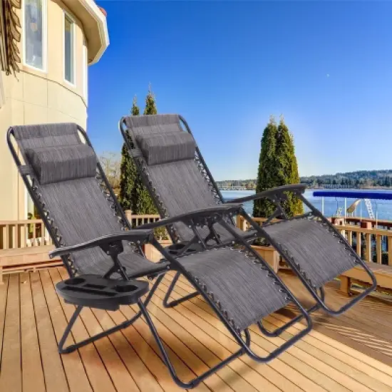 Costway 2PC Folding Zero Gravity Reclining Lounge Chairs Beach Patio W/Utility Tray image {1}