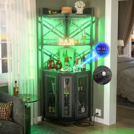 Aheaplus Corner Wine Cabinet with LED Strip and Glass Holder image {6}