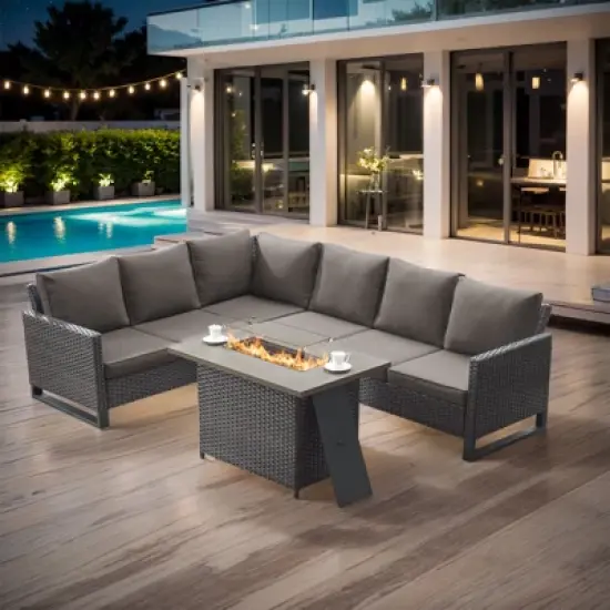 Buenhomino 4 Pieces Outdoor Patio Furniture Set with 41&rdquo; Fire Pit Table, Rattan Patio Sectional Sofa Conversation Set with 50000BTU Propane Fire Pit image {16}