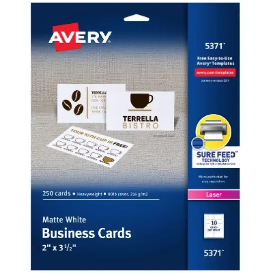 Avery Printable Business Cards with Sure Feed Technology, 2" x 3.5", White, 250 Blank Cards for Laser Printers (05371) image {8}