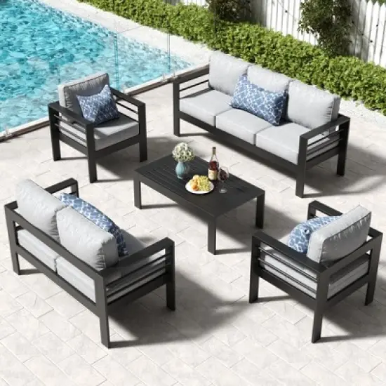 LayinSun Outdoor Aluminum Furniture Set, 5 Pieces Patio Sectional Conversation Chat Sofa Modern Seating Set with Coffee Table image {7}