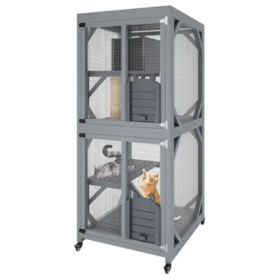 68 Inch Catio Outdoor Cat Enclosure On Wheels, with Waterproof Roof, Wooden Kitty House with Platforms, Upgraded Resting Box and Scratching Post image {8}