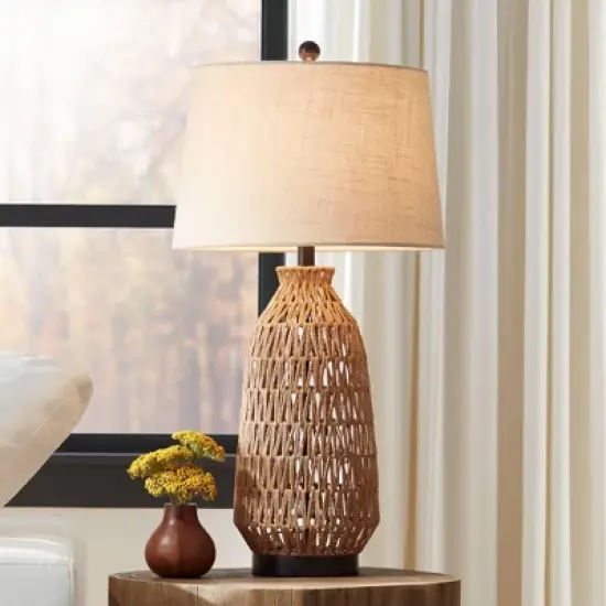 360 Lighting San Carlos Modern Coastal Table Lamp 29" Tall Natural Rattan Wicker Oatmeal Fabric Drum Shade for Bedroom Living Room Bedside Nightstand image {1}