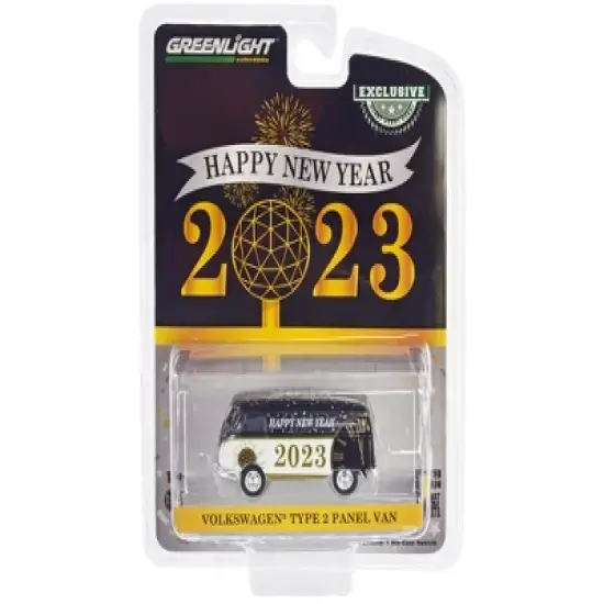 Volkswagen Type 2 Panel Van "Happy New Year 2023" Black and White "Hobby Exclusive" Series 1/64 Diecast Model by Greenlight image {2}