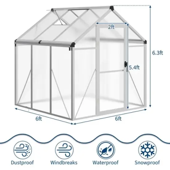 6x6FT Walk in Polycarbonate Greenhouses with Enhanced Aluminum Frame and Roof Vent for Outdoors and Seasons Garden Planting Silver image {1}