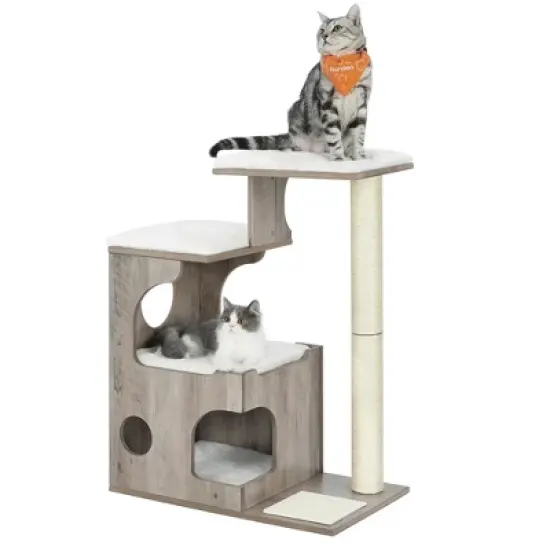 Feandrea WoodyWonders Cat Tree, 33.9-Inch Modern Cat Tower, Cat Condo with 3 Perches, Scratching Post and Mat, Cave, 4 Removable Washable Cushions image {9}