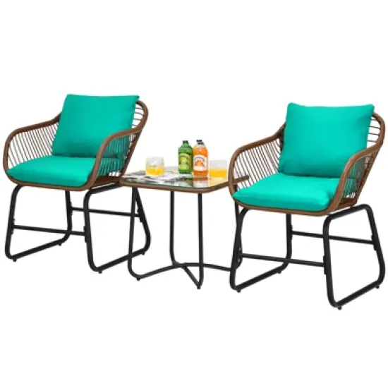 Tangkula 3 Pieces Outdoor Furniture Set Patio Bistro Set w/2 Armchairs & Tempered Glass Table White/Turquoise/Red image {2}