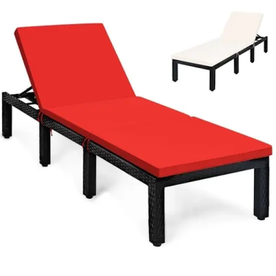 Tangkula Patio Lounge Chair Rattan Chaise w/ Adjustable Navy/Red & Off White Cushioned image {8}