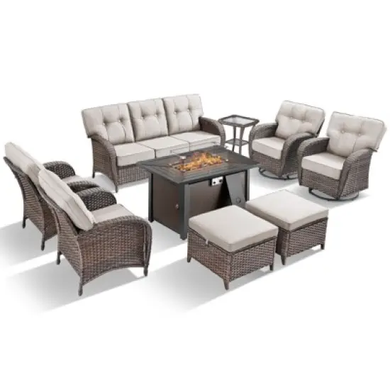 Belord Brown Wicker 9 Piece Patio Furniture Set with 5" Thick Cushions, Outdoor Fire Pit Table Set with Swivel Gliding Rocker Chairs and Club Chairs image {3}