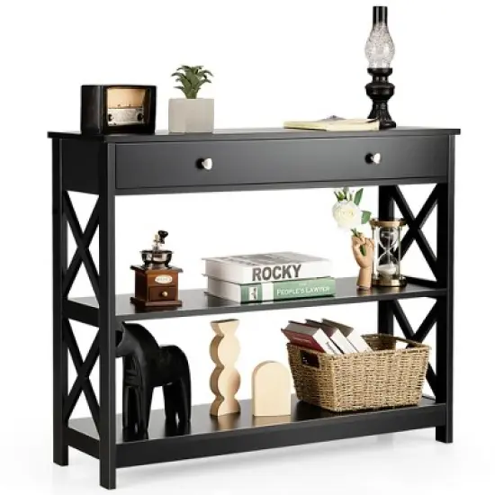Costway 3-Tier Console Table X-Design Sofa Entryway Table with Drawer & Shelves Gray\ Espresso image {9}
