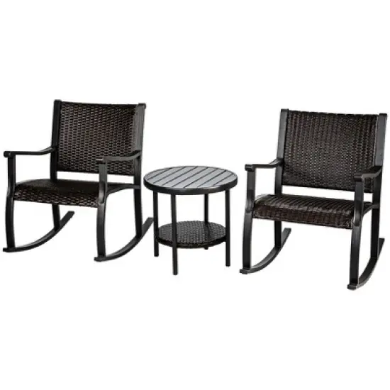 Costway 3PCS Patio Rattan Rocking Chair Bistro Set Coffee Table Storage Shelf image {9}
