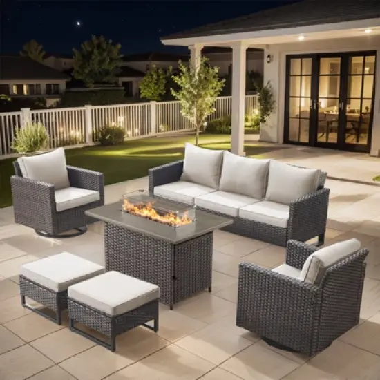Buenhomino 6 Peices Outdoor Patio Furniture Set with 41" Fire Pit Table, Wicker Swivel Rocking Chairs Conversation Sets for Yard Garden Porch image {15}