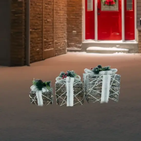 Northlight LED Lighted Gift Boxes with Pine and Berries Christmas Decorations - 9.75" - Set of 3 image {1}