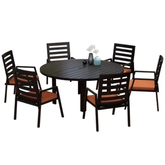 LeisureMod Chelsea 7-Piece Patio Dining Set, 60" Round Aluminum Dining Table and 6 Dining Armchair image {21}