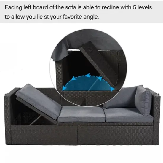 Outdoor Patio Rectangle Rattan Daybed with Retractable Canopy, Cushions and Lifting Table-ModernLuxe image {12}