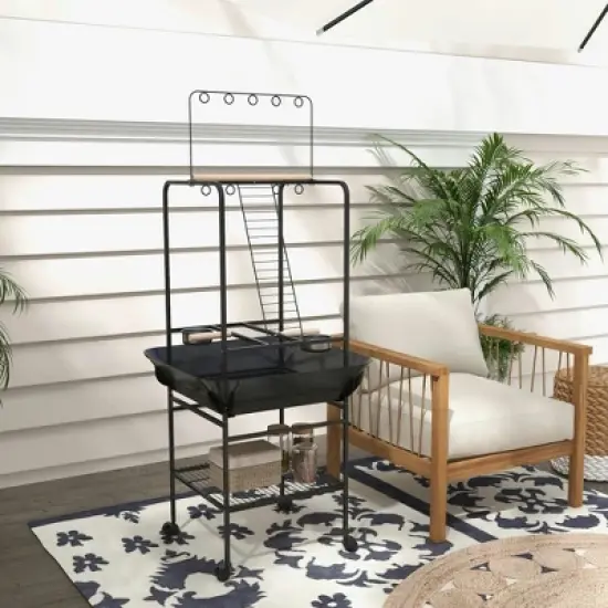 Resenkos Bird Stand with Wheels, Perches, Stainless Steel Feed Bowls, Pull-Out Tray, Dark Gray image {1}