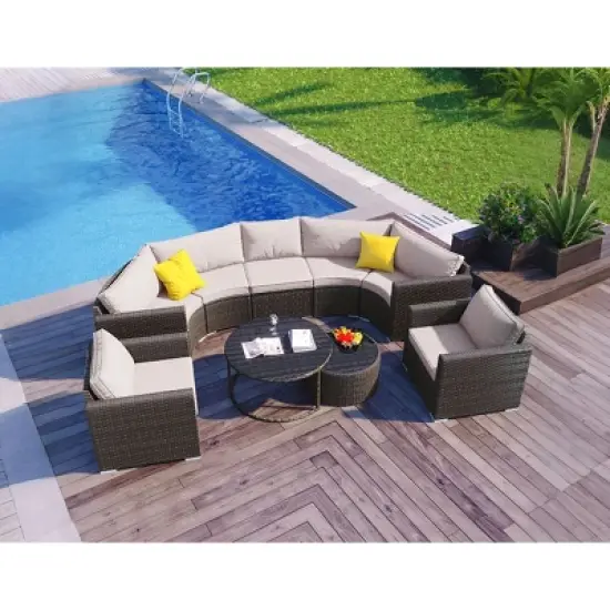 Outdoor 9-Pieces Seating Set, Patio Round Sofa Set with Glass Tabletop, Wicker Sofa with Steel Frame and Removable Cushions&ndash;Cuddlewood image {2}