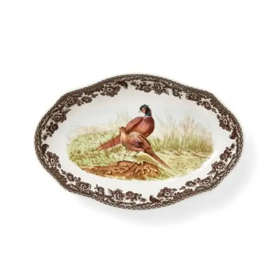 Spode Woodland Pheasant Pickle Dish - 8.5" Porcelain Tray with British Flowers Border & Scalloped Edge, Microwave, Dishwasher, Oven & Freezer Safe image {7}