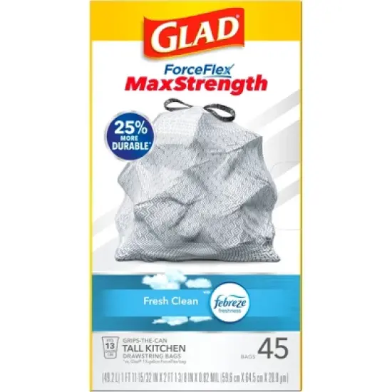 Glad ForceFlex MaxStrength Tall Kitchen Drawstring Trash Bags - White Febreze Fresh Clean - 13 Gallon/45ct image {4}