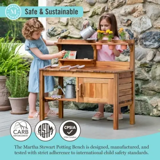 Martha Stewart Kids Outdoor Potting Bench: Acacia Wood Kids Gardening Set w/ Pots, Garden Tools, Bin & Open Shelves, Backyard Outdoor Activity Play image {1}