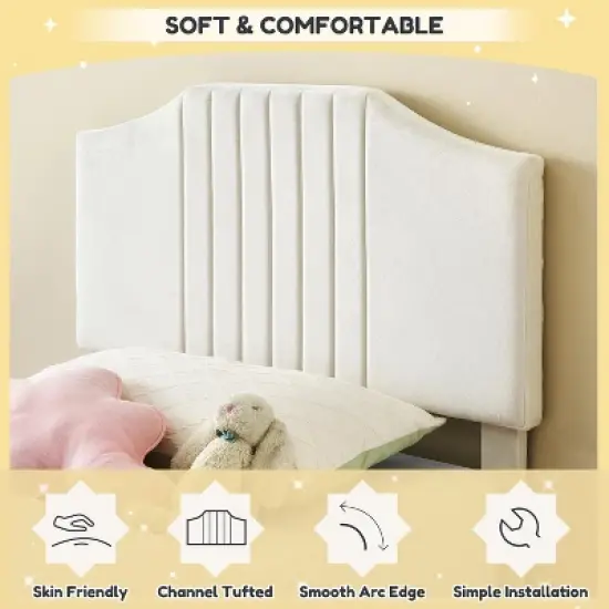 DobleePy Twin Plus Size Beige Kids Bed, Sturdy Velvet Headboard, Oak Wood Slats, Squeak Resistant, No Box Spring Needed, Easy Assembly image {3}