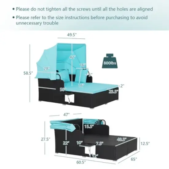 Tangkula Patio Hand-Woven PE Wicker Daybed Outdoor Loveseat Sofa Set w/ Turquoise Cushions image {3}