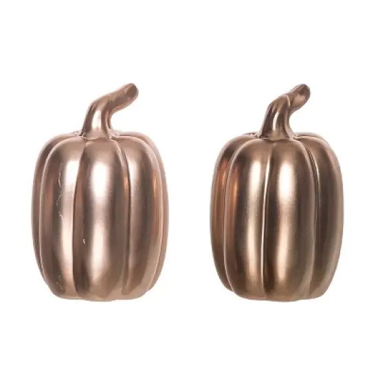 Transpac Harvest Gold Metallic Pumpkin Dolomite Salt and Pepper Shakers Collectables Gold 3.75 in. Set of 2 image {4}