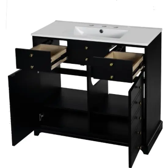 36'' Retro Bathroom Vanity with Ceramic Sink, Solid Wood Frame Freestanding Storage Cabinet with Soft-Close Doors & Drawers - ModernLuxe image {8}