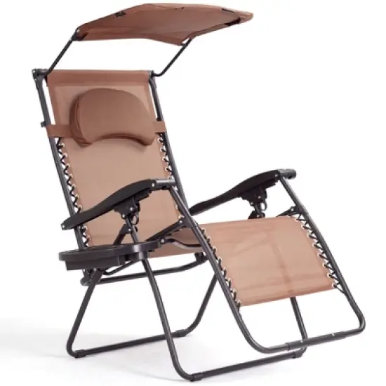 Tangkula Recling Zero Gravity Chair with Drink Tray & Sunshade, Brown image {5}
