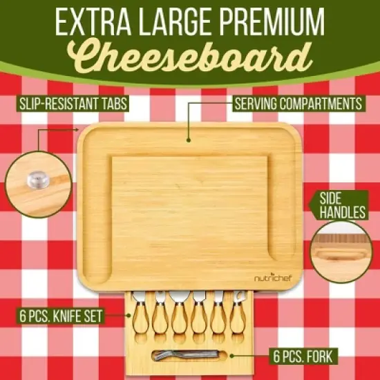 NutriChef Bamboo Cheese Board Set with Integrated Slicer & Stainless Steel Utensils -Rustic Design image {1}