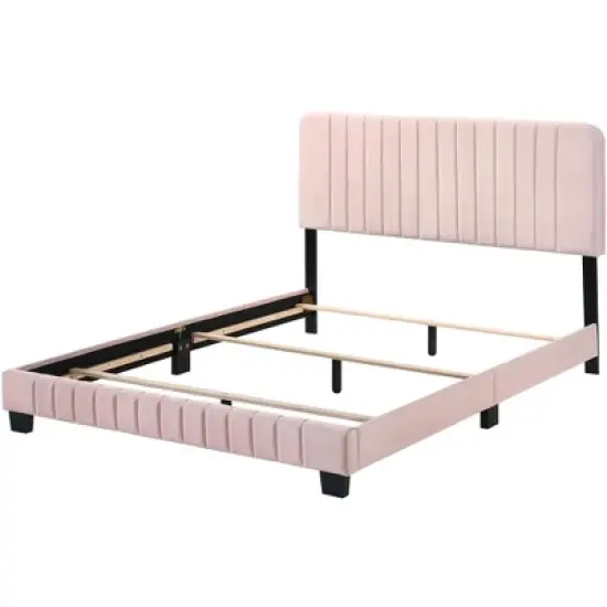 Passion Furniture Lodi Pink Velvet Upholstered Channel Tufted Queen Panel Bed image {2}