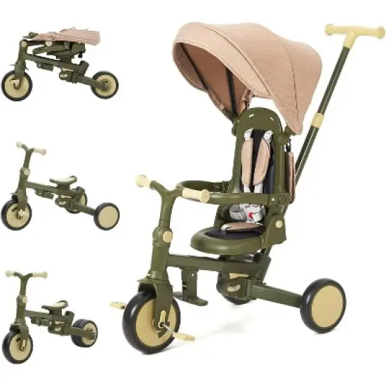 7-in-1 Foldable Baby Tricycle w/ Adjustable Parent Handle, Safety Harness & Wheel Brakes - Toddler Trike w/ Removable Canopy for Boys & Girls image {6}