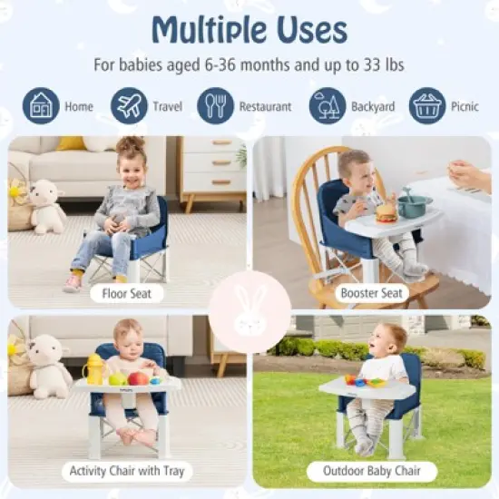 Safstar Baby Travel Booster Seat, Portable Folding Toddler Floor Dining Chair with Removable Swivel Double Tray, 3-Point Safety Belt, Carry Bag image {3}