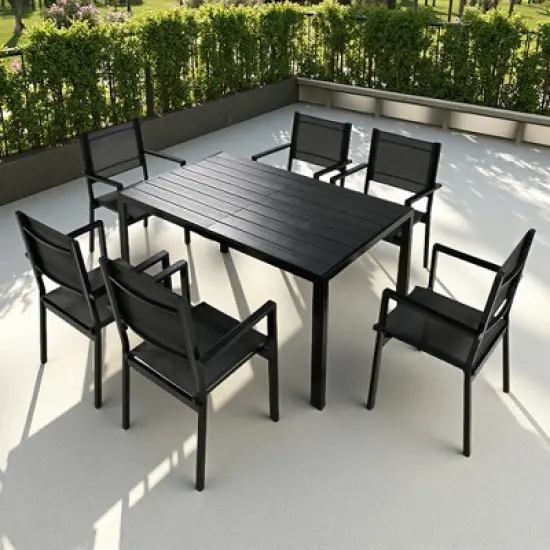 7-Piece Outdoor Patio Steel Dining Set with Rectangular Table and 6 Textile Armchairs image {14}