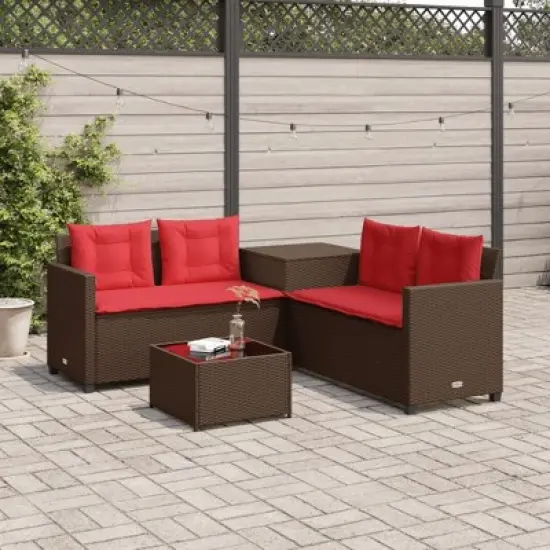 vidaXL Patio Sofa Set - L-Shaped Brown Poly Rattan Outdoor Seating with Side & Coffee Table, Tempered Glass Top, Cushions, Storage image {1}