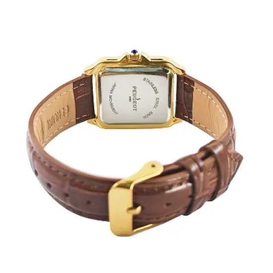 Peugeot Women's 14K Gold-Plated 32mm Tank Shape Brown Leather Strap Watch image {1}