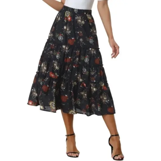 Allegra K Women's Floral Elastic Waist Tiered Ruffle Boho Midi Skirts image {18}