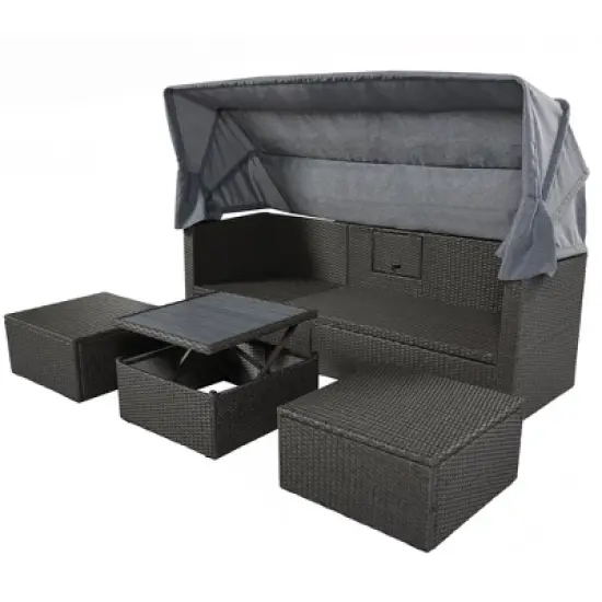 Outdoor Patio Rectangle Rattan Daybed with Retractable Canopy, Cushions and Lifting Table-ModernLuxe image {3}